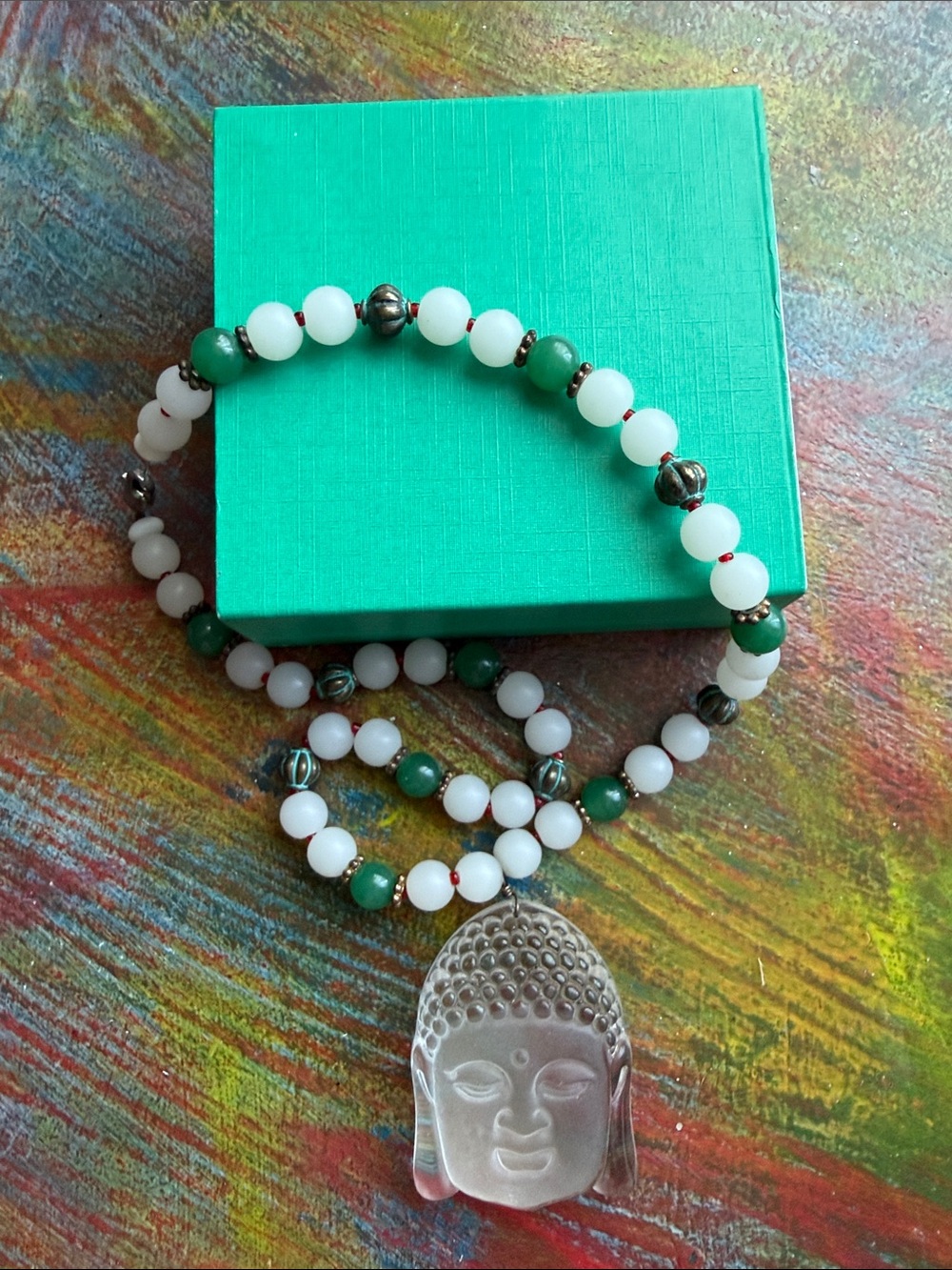 Beaded Necklace with Clear Buddha Pendant Feng Shui Necklace 10" drop